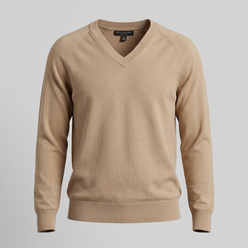 Banana Republic Mens Medium Tan V-Neck Forever Sweater Cotton Rayon Raglan